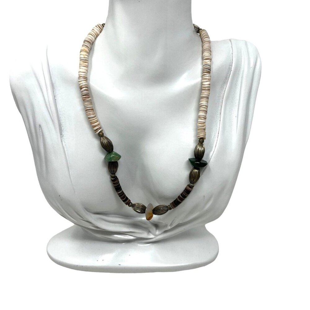Vintage‎ Necklace  Boho Shell Silver Tone and Jadeite Beads